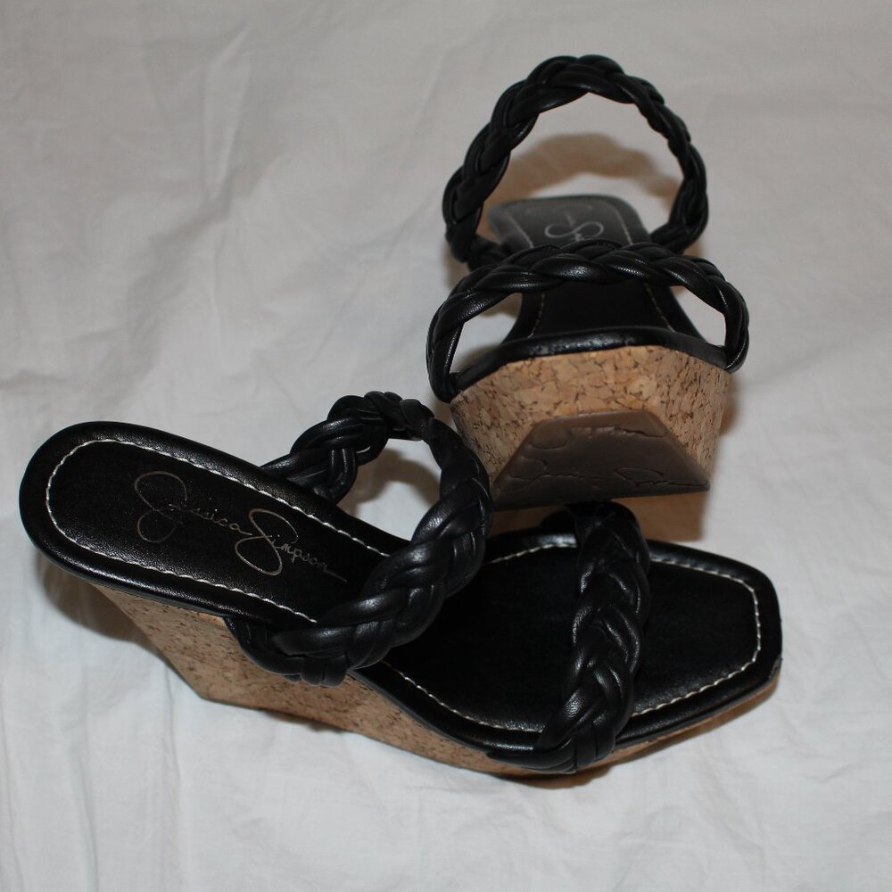 Jessica Simpson Black Leather Braided 2-Strap Cork Platform Wedge Sandals - Picture 11 of 16